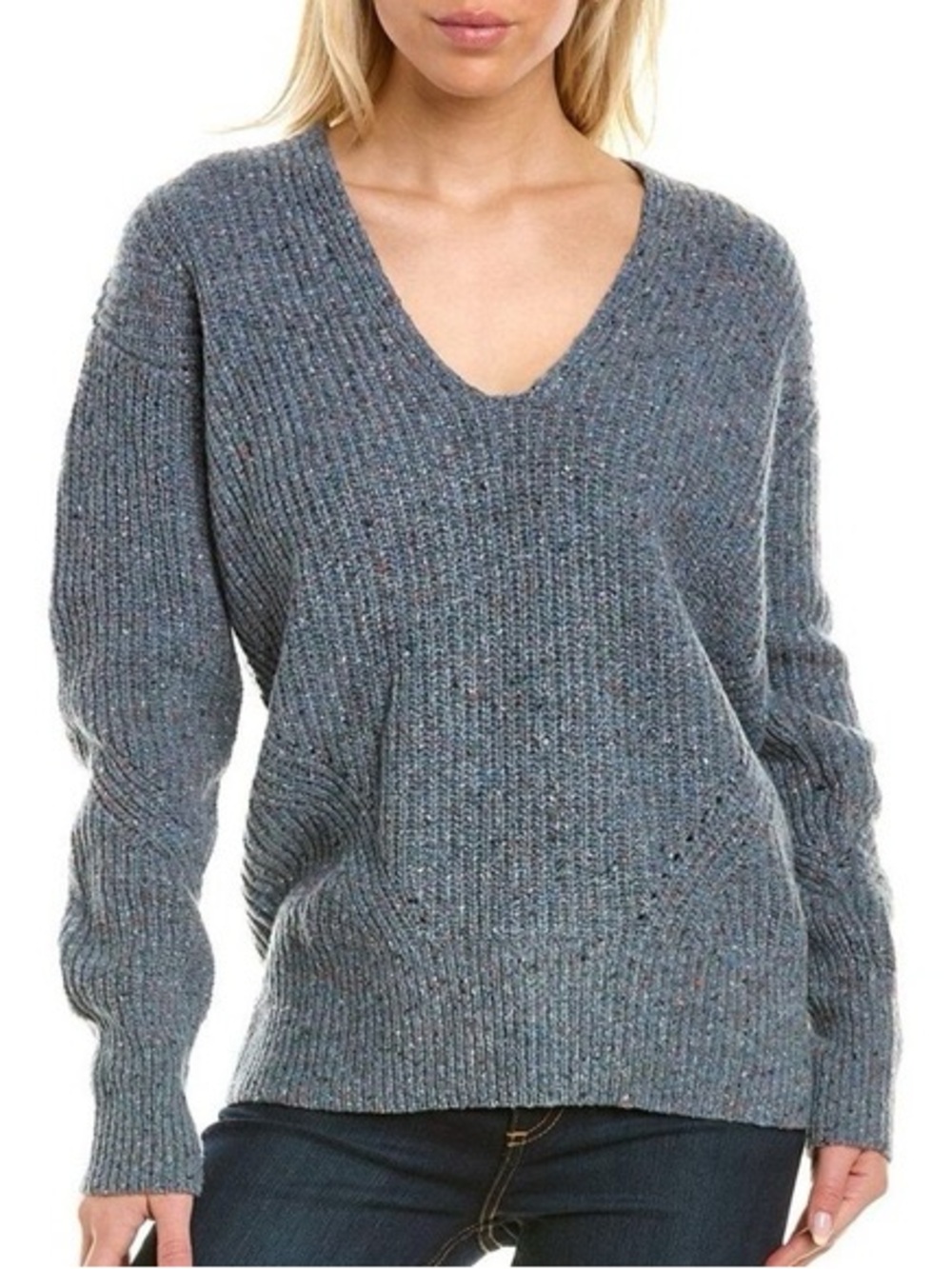 Rag & Bone Blue Gray Donegal Recycled Wool Plunging V-Neck Sweater Size Small
